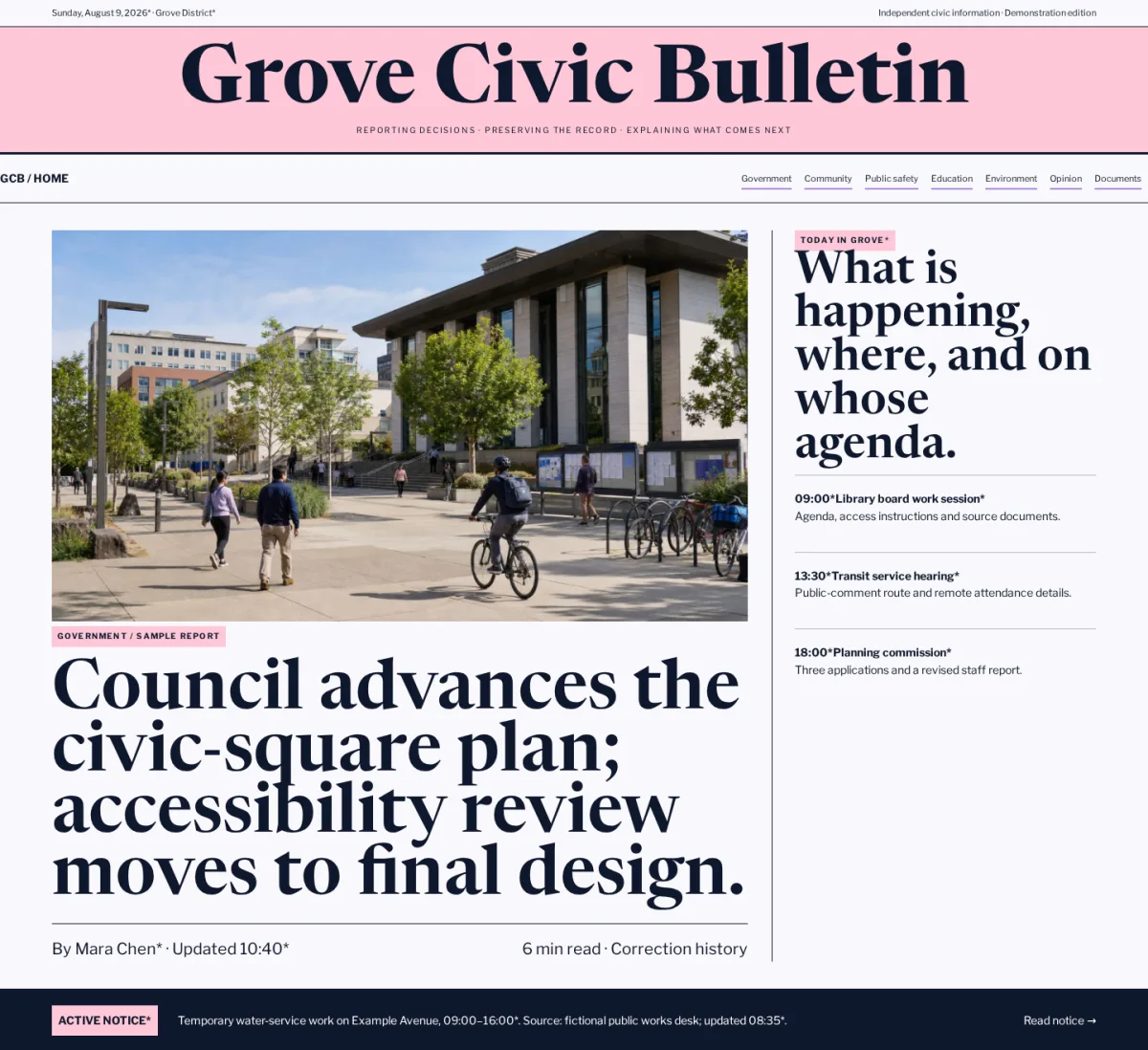 Grove Civic Bulletin website template preview