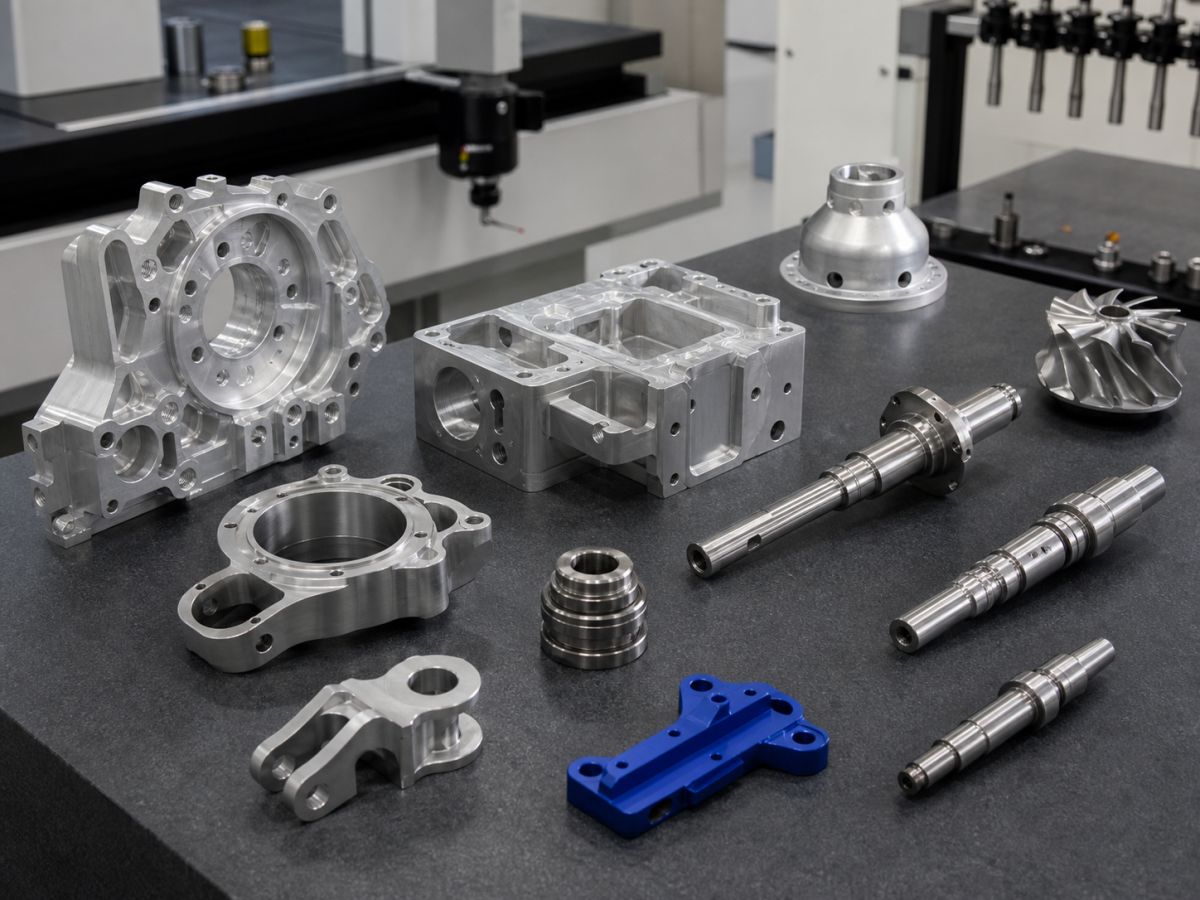Precision-machined aluminum and steel components arranged in a metrology lab