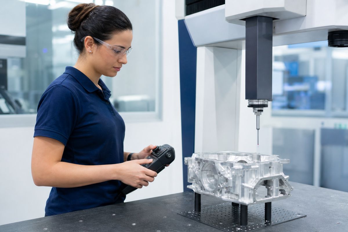Quality engineer inspecting a machined component on a coordinate measuring machine