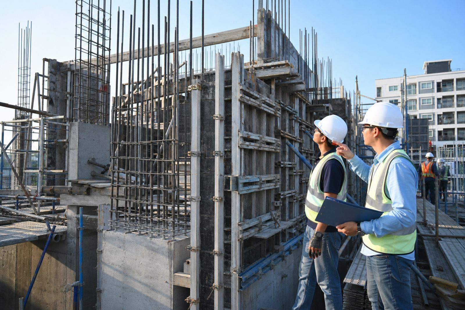 Engineers inspecting reinforced concrete formwork and rebar on an active construction site