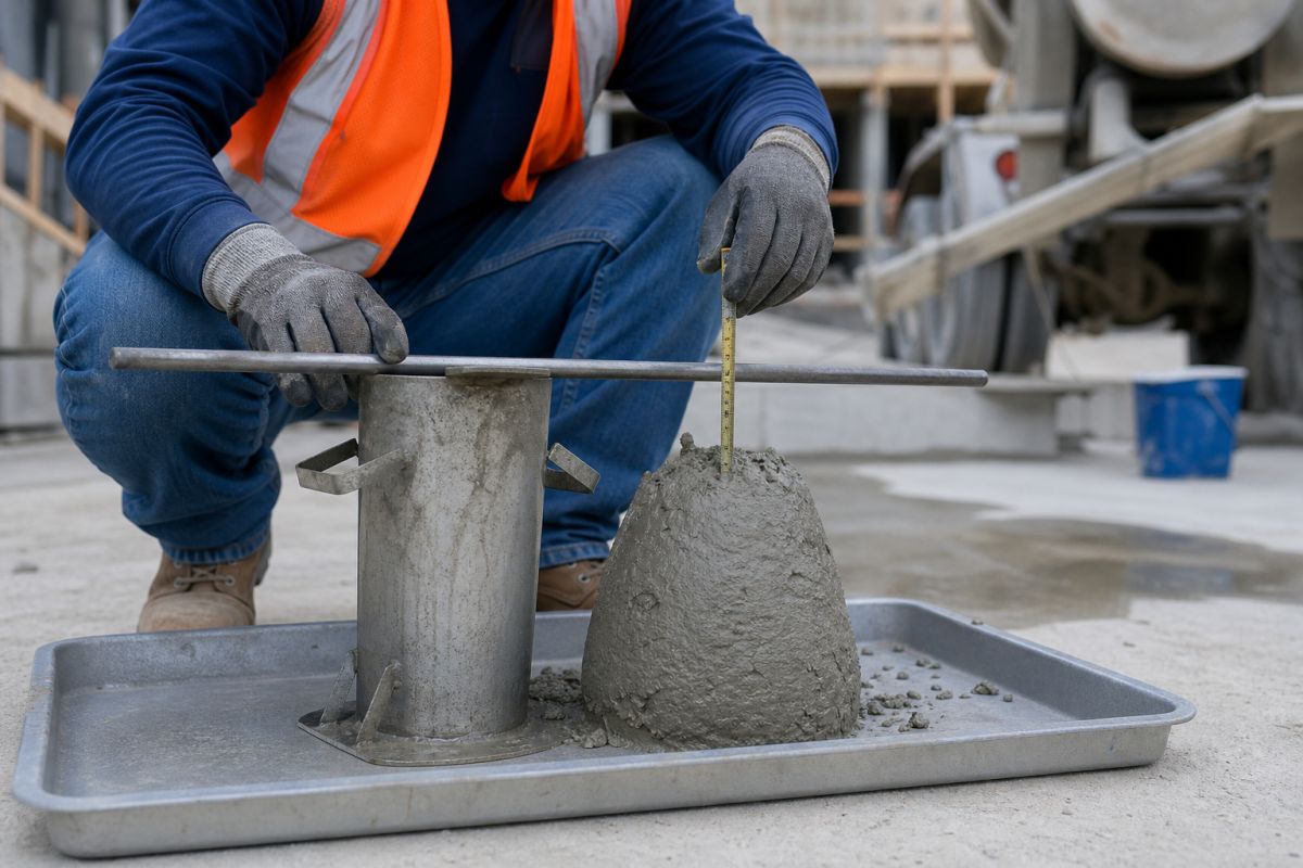 Technician measuring a fresh concrete slump sample beside the testing cone