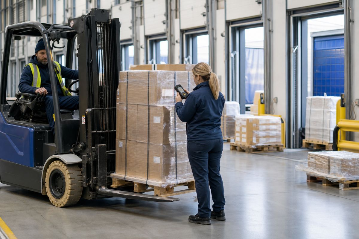 Warehouse coordinator scanning a pallet during a forklift handoff