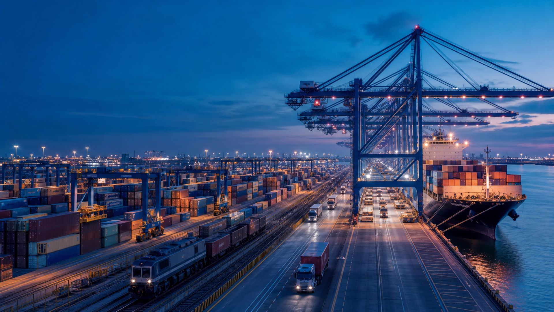 Container port connecting ship, rail and truck operations at blue hour