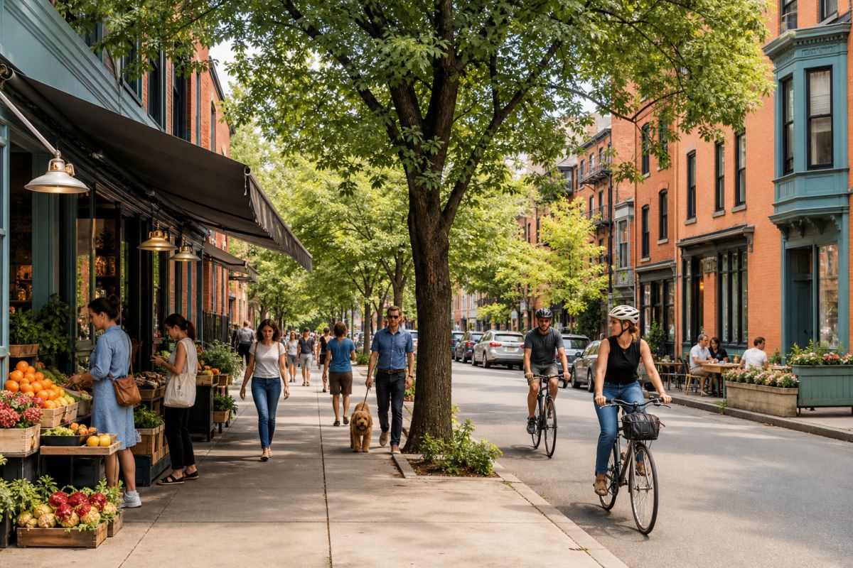 Tree-lined residential neighborhood with shops, pedestrians and cyclists