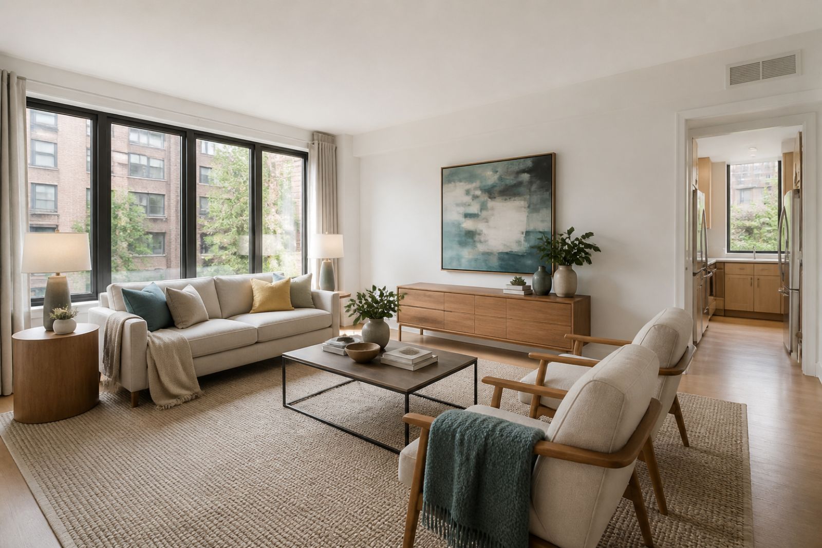 Warm contemporary apartment living room with large urban windows