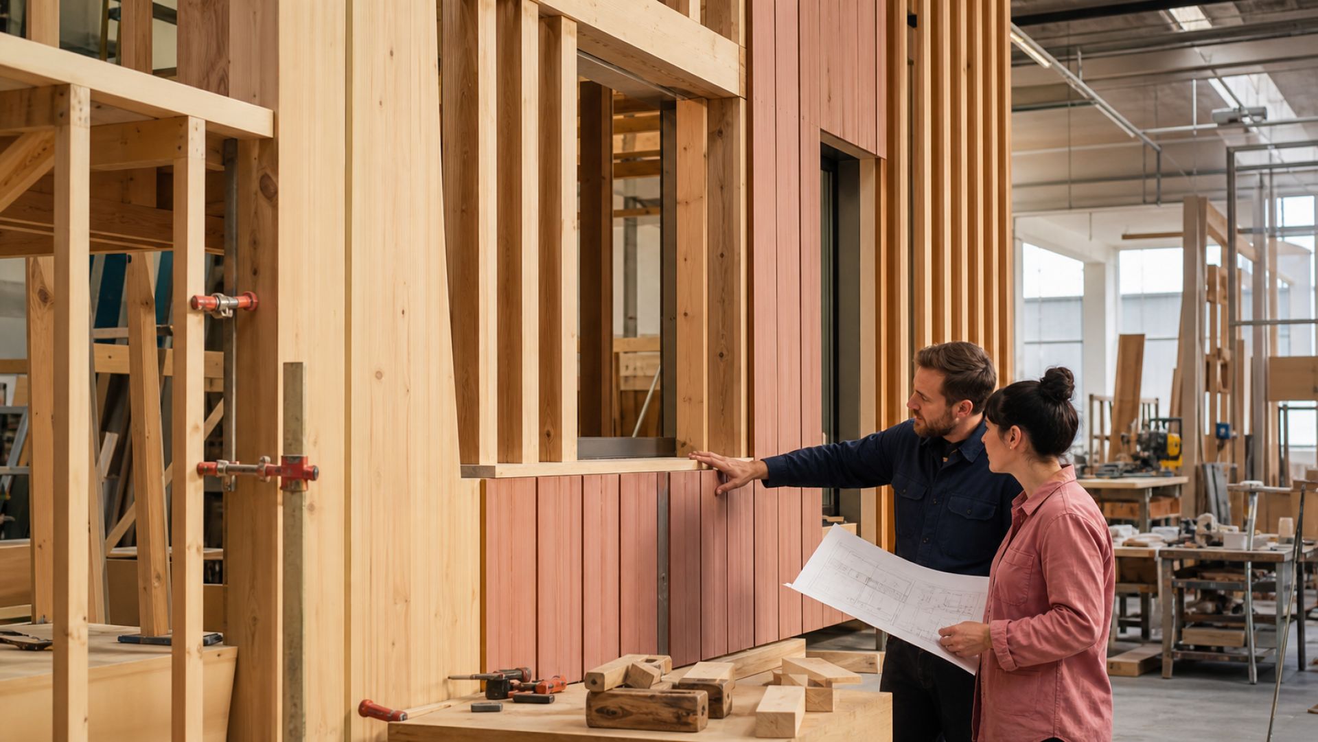Carpenter and architect reviewing a full-scale timber facade mock-up