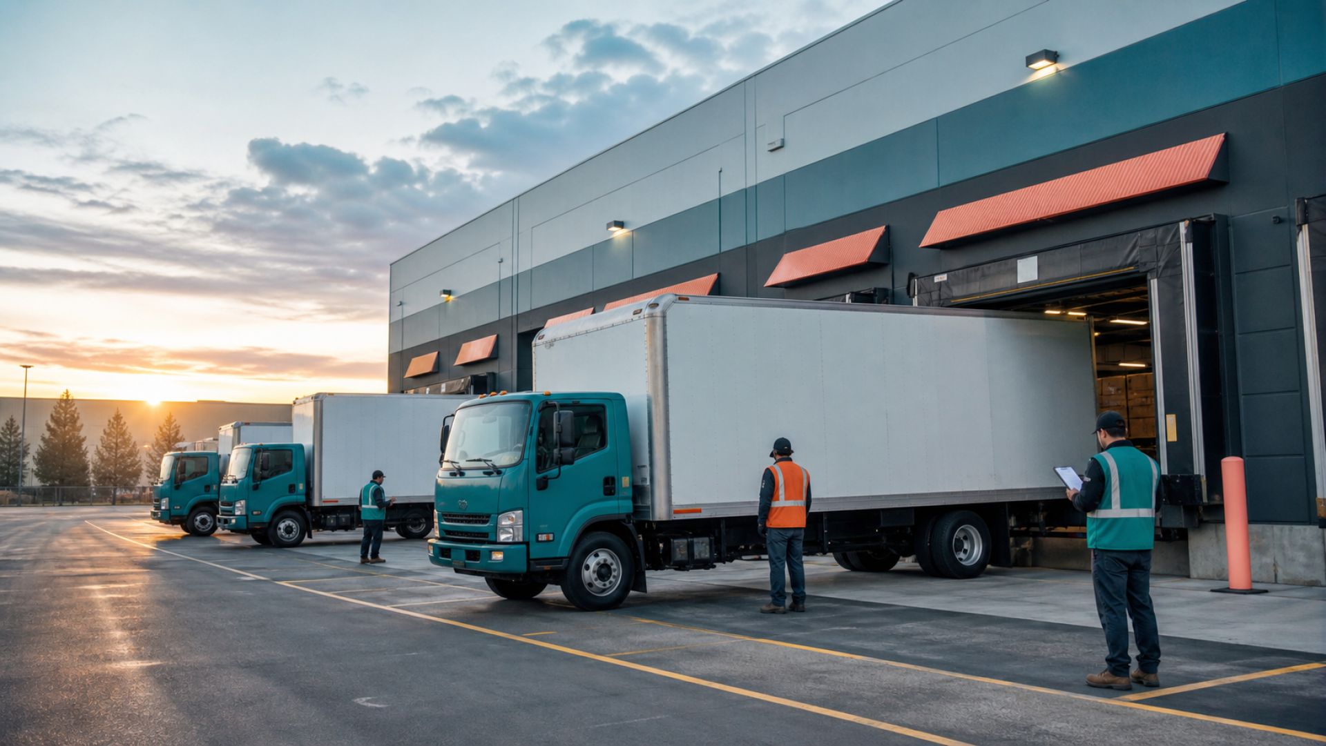 Regional box trucks and operations team at a distribution terminal at dawn