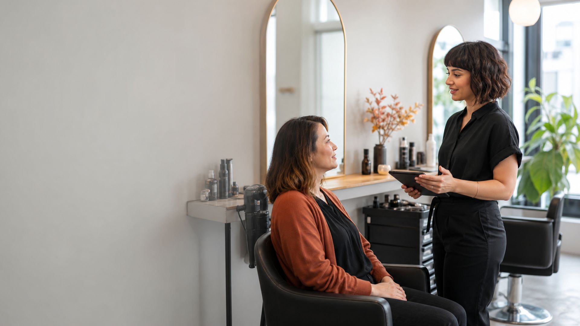 Stylist discussing a personal-care appointment with a client in a bright salon