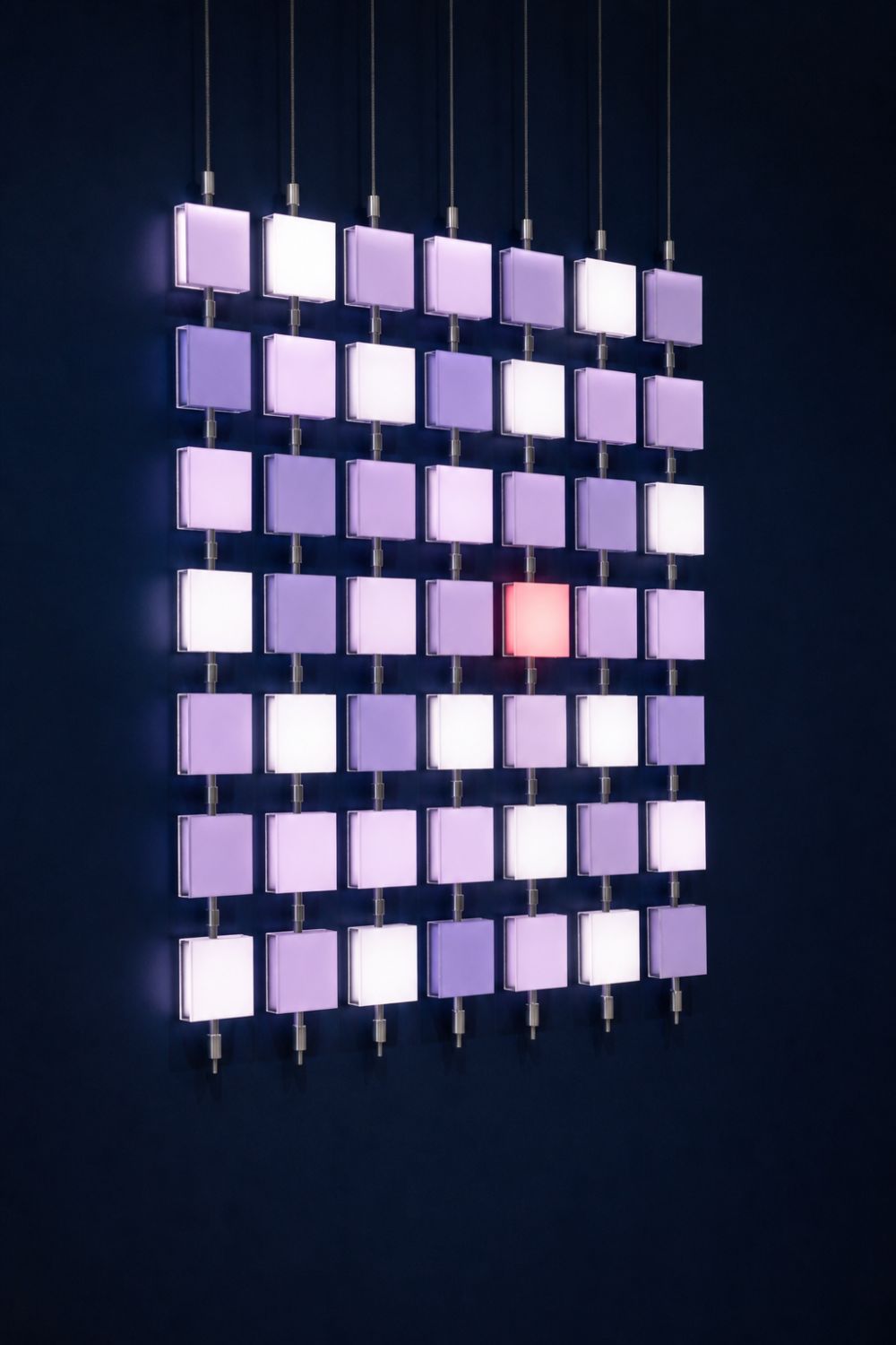 Grid of lavender illuminated acrylic squares on a navy gallery wall