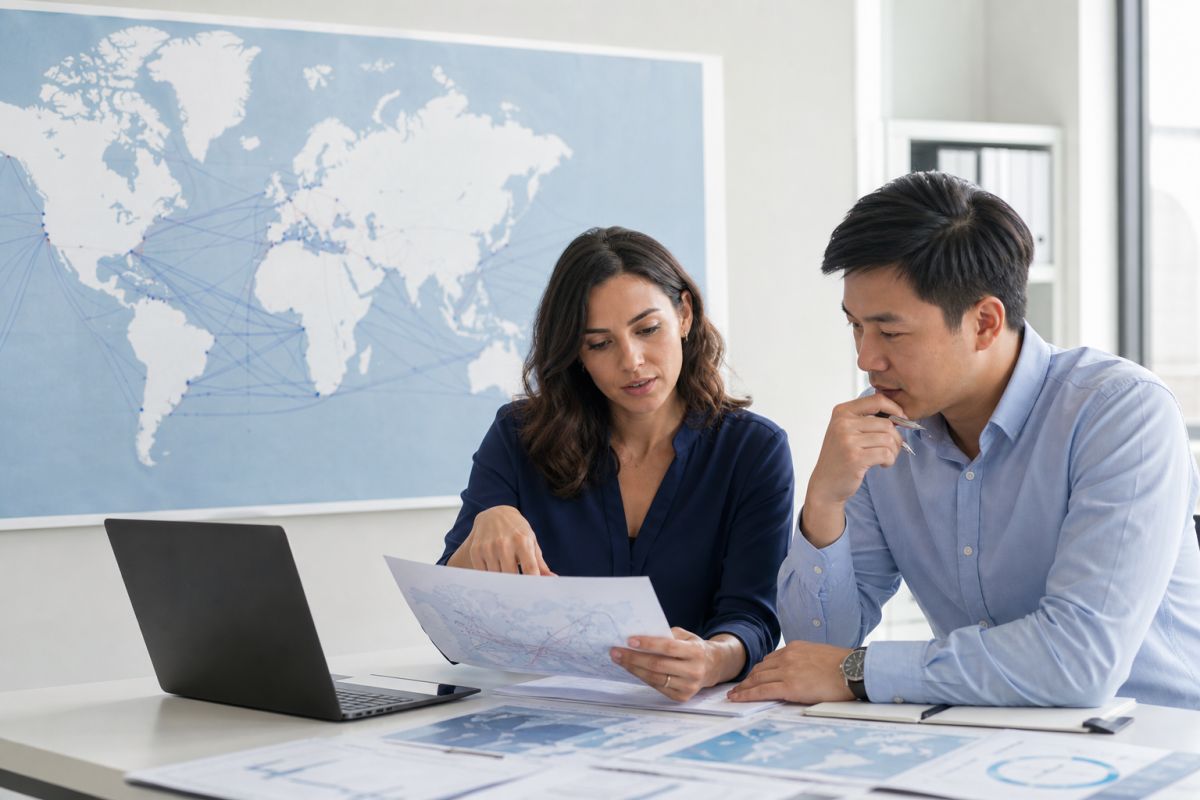 Trade analysts reviewing shipping route research in a bright office