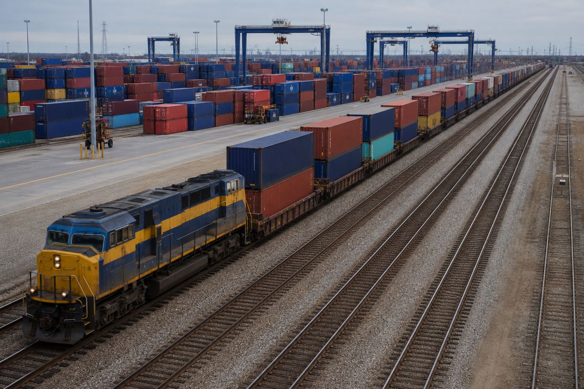 Double-stack container train moving through an intermodal freight terminal