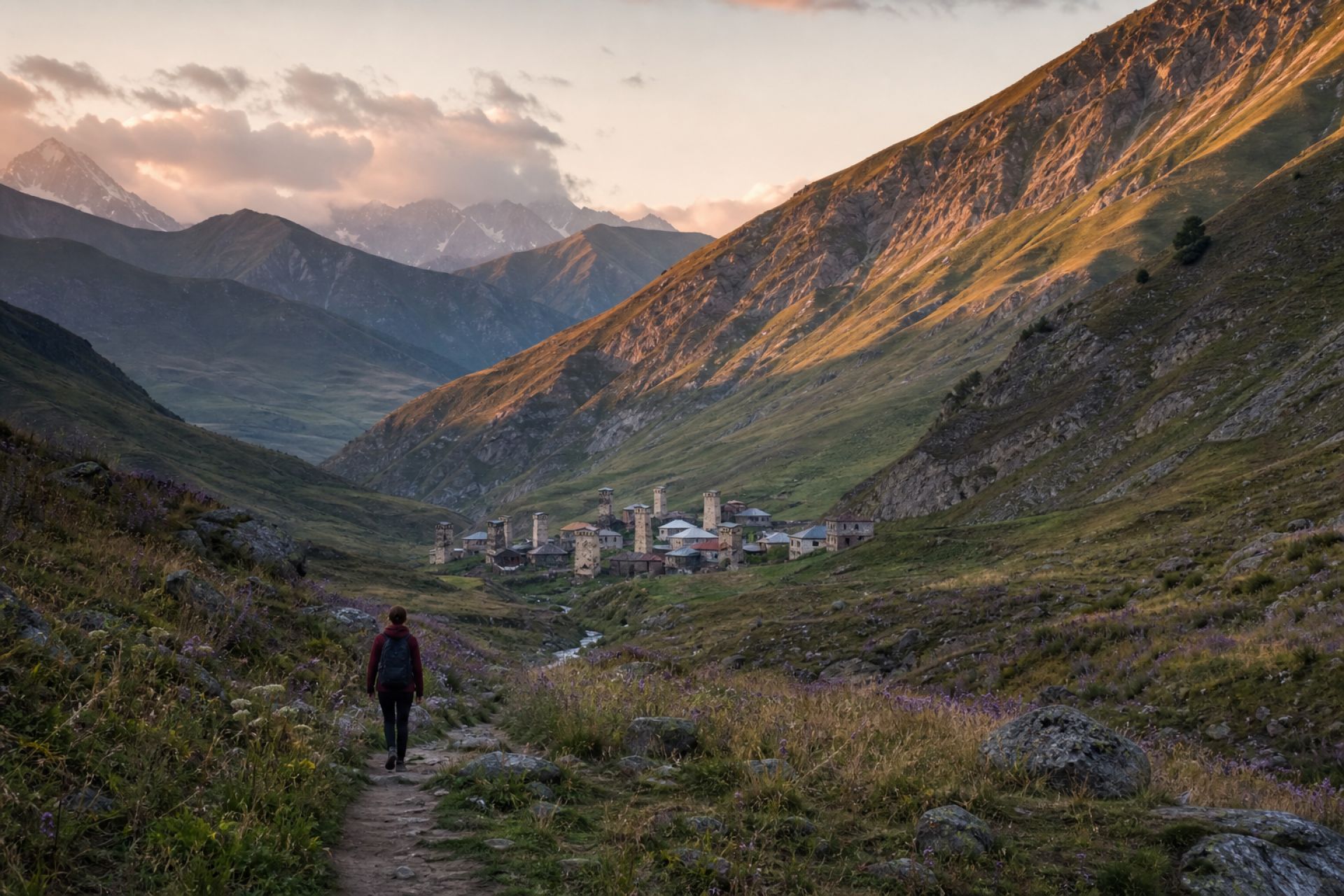 Walking route toward a stone-tower village in Georgia's Caucasus mountains