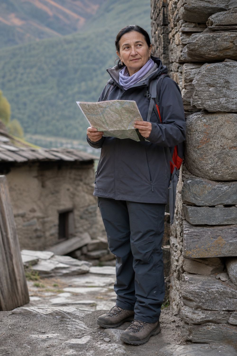 Local mountain guide holding a folded route map beside a stone village wall