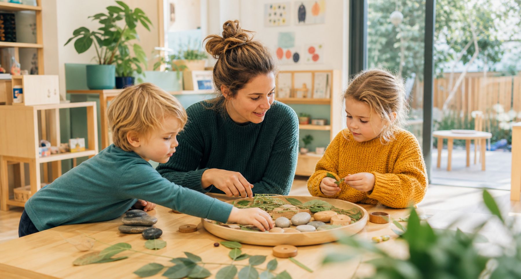 Two children and an educator exploring leaves, stones and wooden shapes at a low classroom table