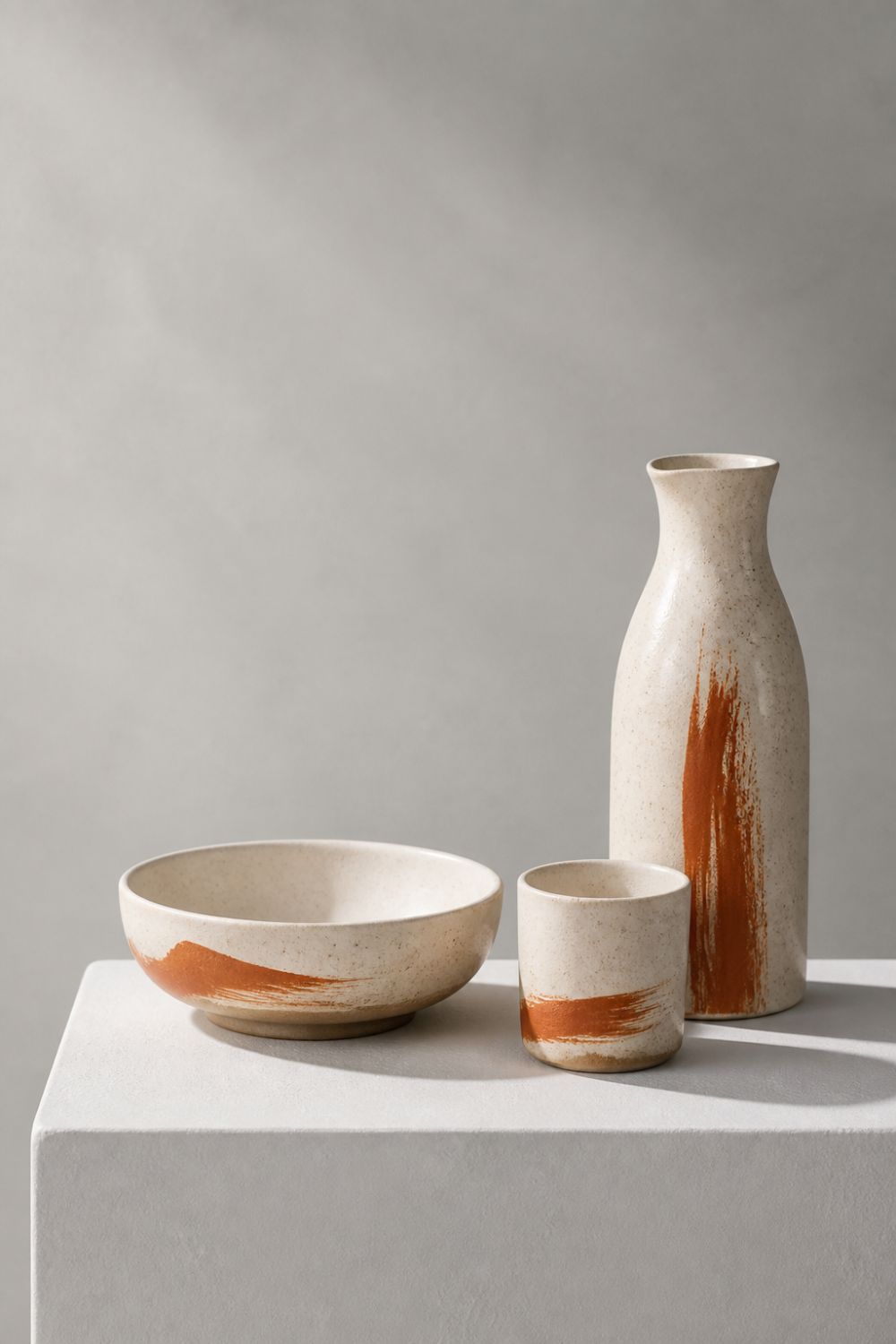 Three pale ceramic vessels with restrained orange glaze marks
