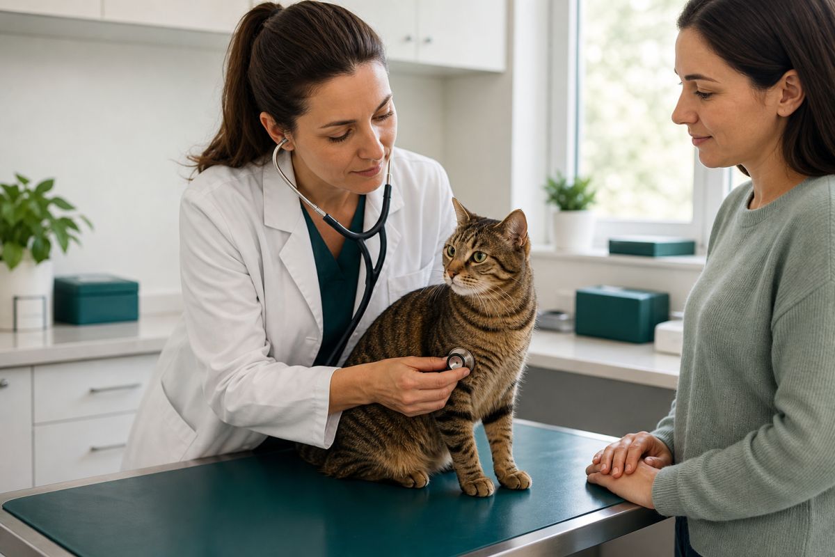 Veterinarian listening to a cat's chest while its owner observes