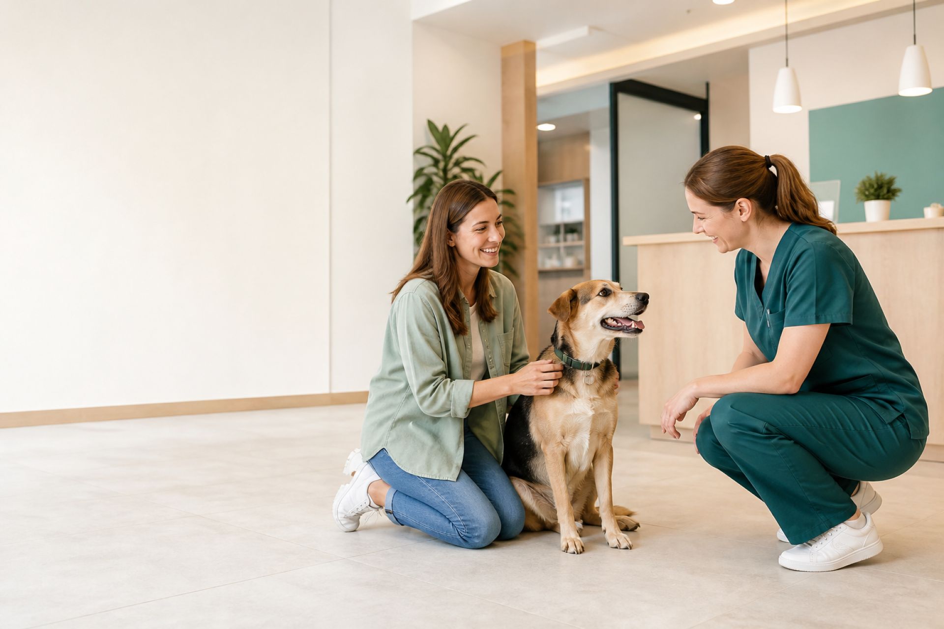 Pet owner and veterinarian greeting a dog in a bright clinic