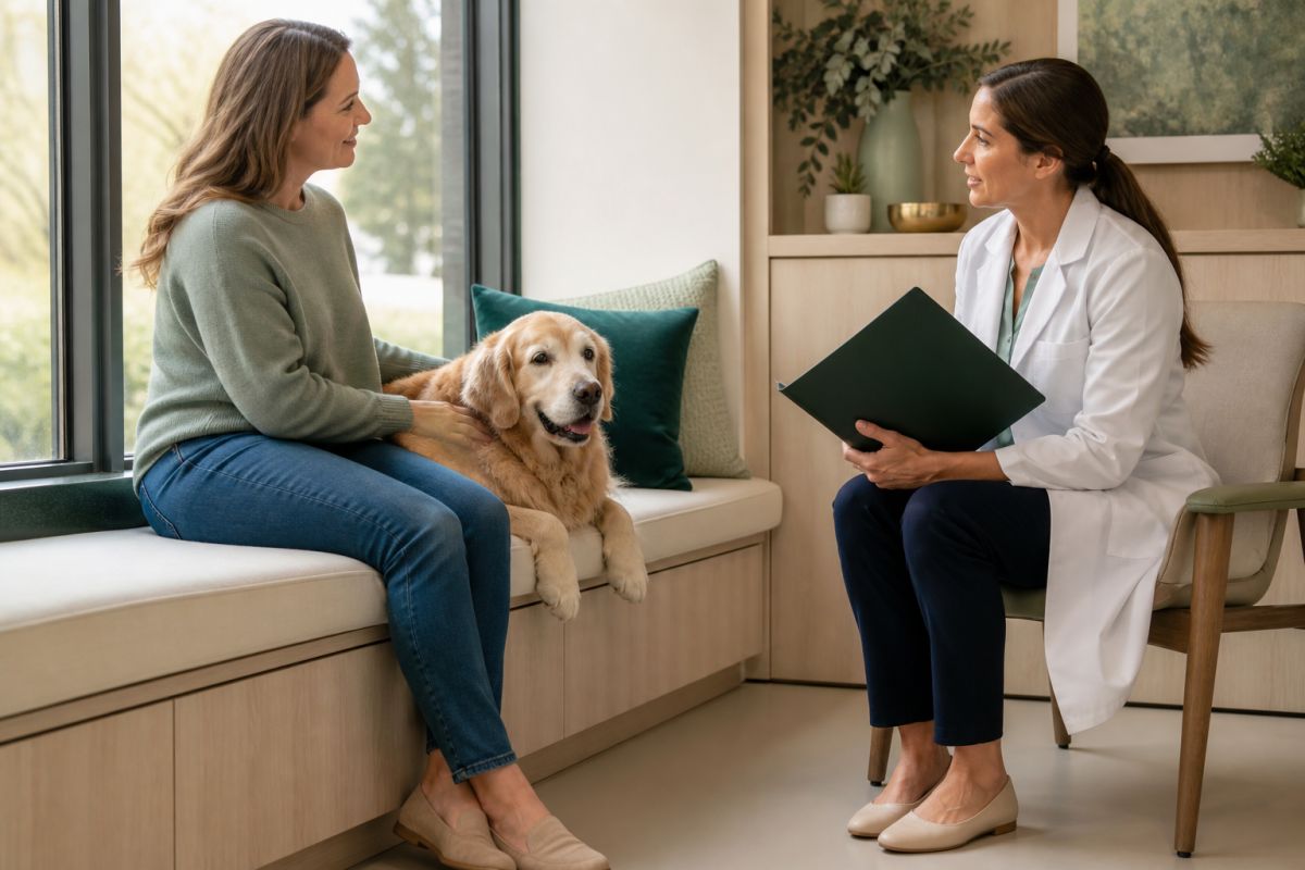Owner discussing a senior dog's care plan with a veterinarian