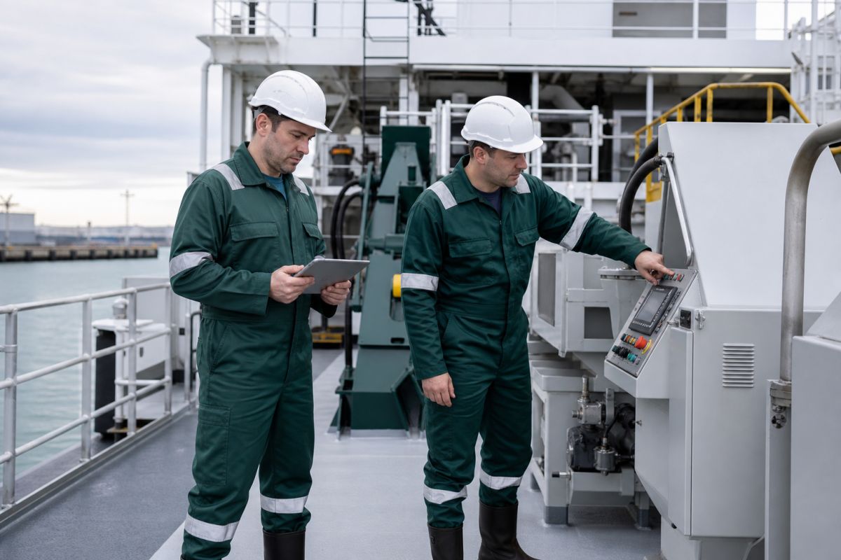 Two marine engineers inspecting deck machinery aboard a service vessel