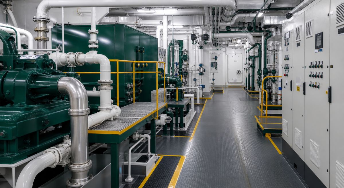 Orderly marine machinery room with pumps, pipes and electrical cabinets