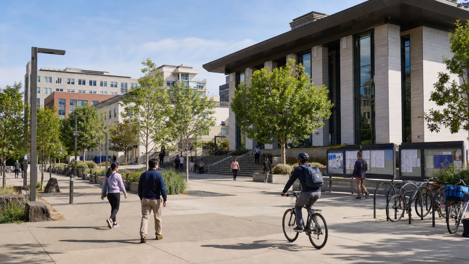 Residents walking and cycling through a civic plaza outside public buildings