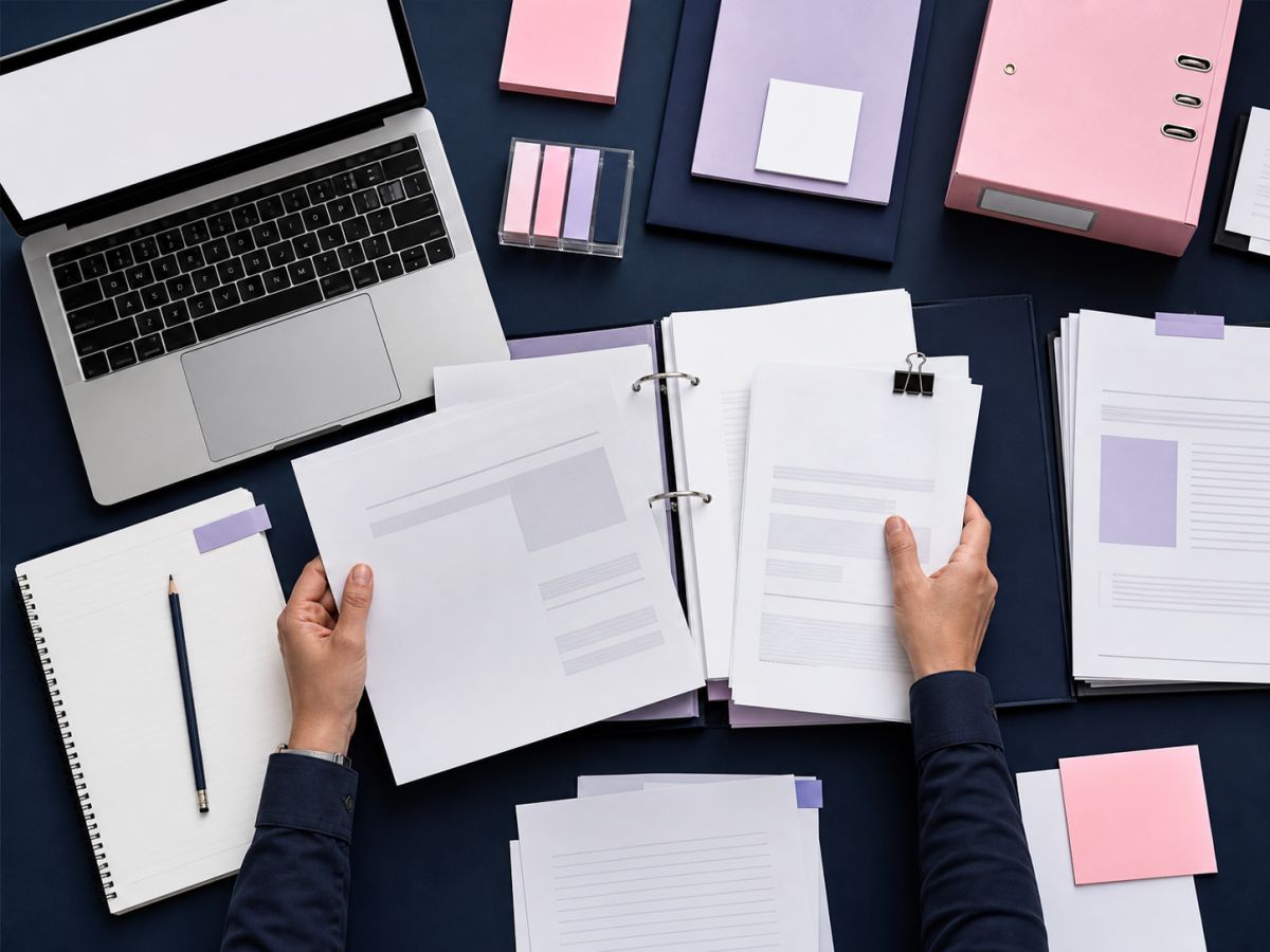 Reporter reviewing public records, meeting papers and source notes at a desk
