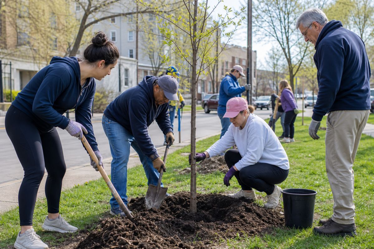 Residents planting a young street tree during a neighborhood service day