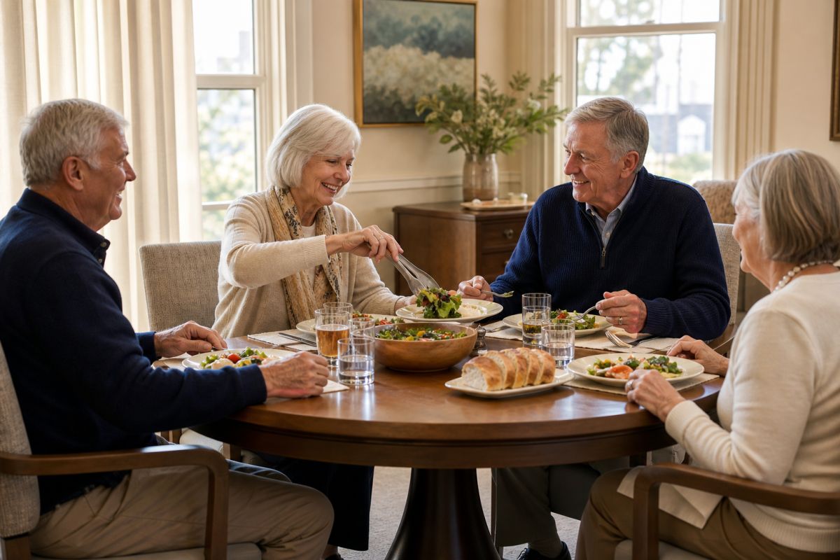 Older adults sharing an everyday lunch around a round dining table