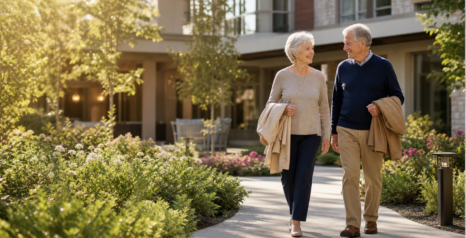 Older couple walking together through a landscaped residential courtyard