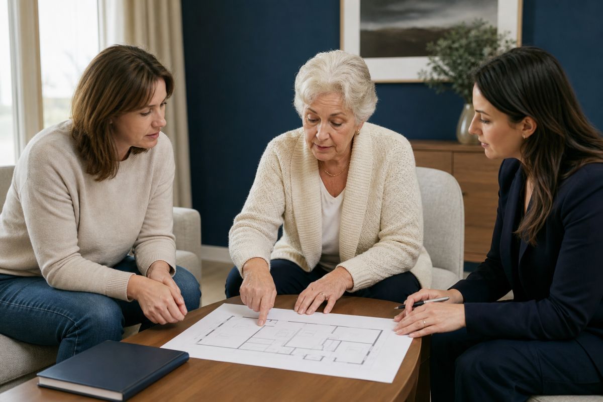 Older woman leading a residence-planning discussion with family and an advisor