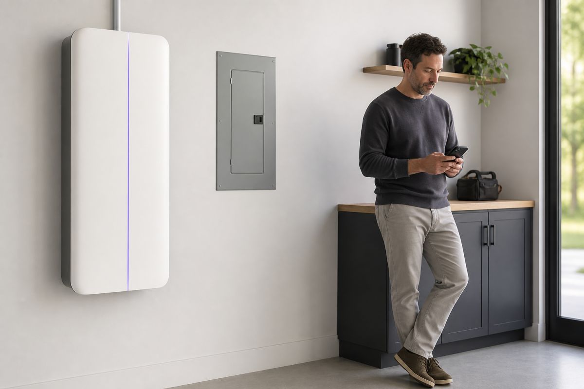 Harbor One home battery installed beside an electrical panel as a homeowner checks the system