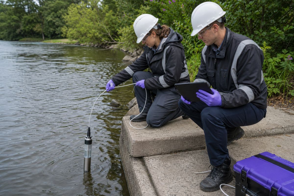 Field technicians collecting and recording a river water sample