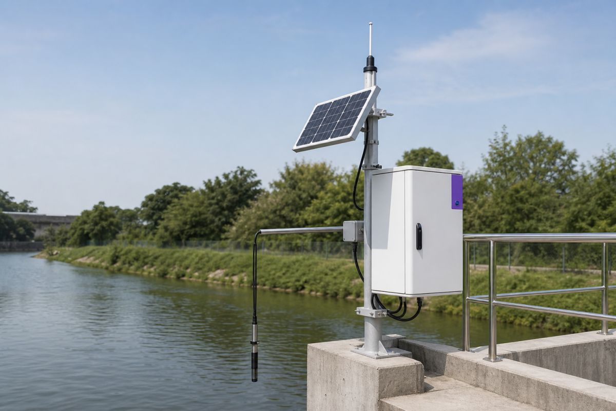 Solar-powered water monitoring station beside a river channel