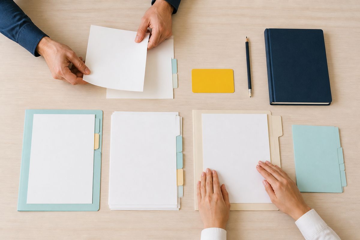 Hands arranging an orderly set of case documents and file tabs