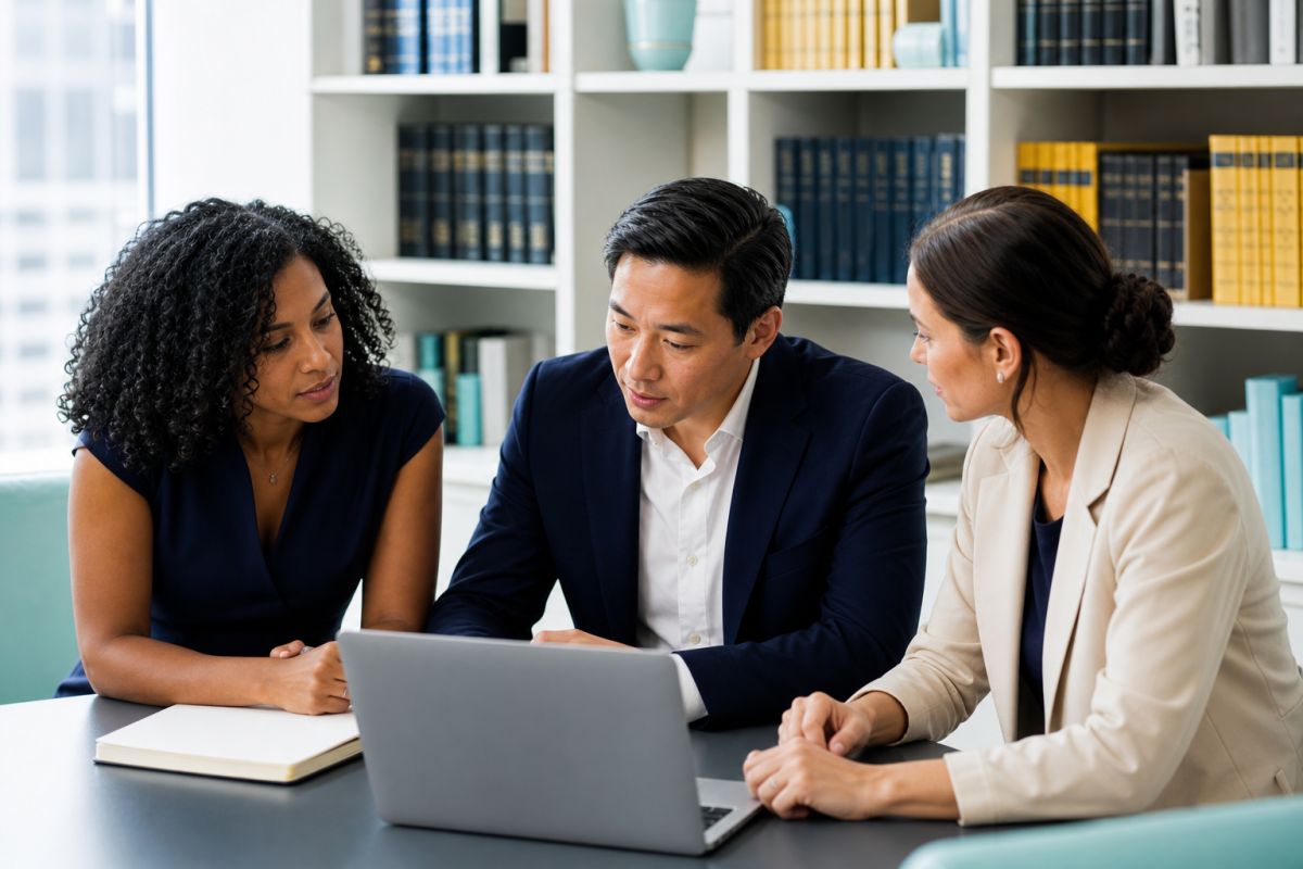 Three legal professionals reviewing a matter together