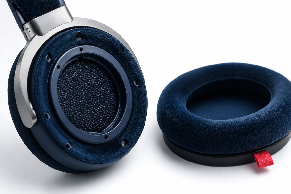Close-up of a removable headphone cushion and metal yoke