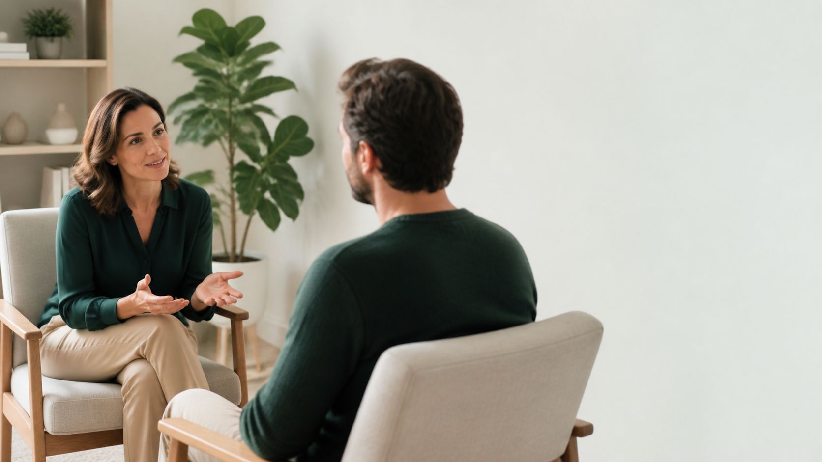 a clinician speaking with an adult client in a calm consultation room