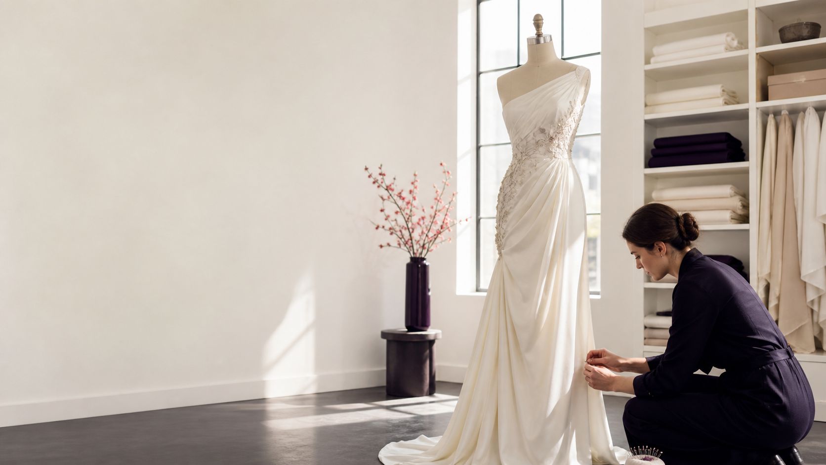 a bridal craftsperson fitting an ivory couture dress
