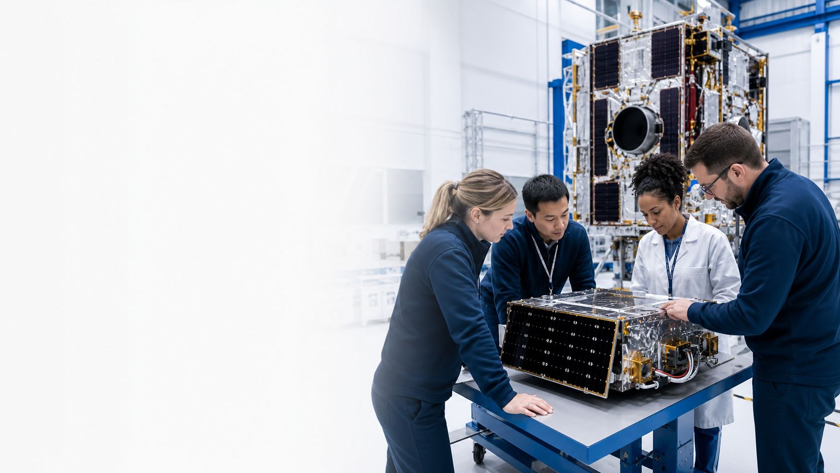 aerospace engineers working on satellite hardware
