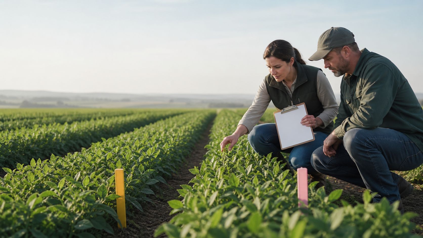 an agronomist and farmer examining crop trial rows