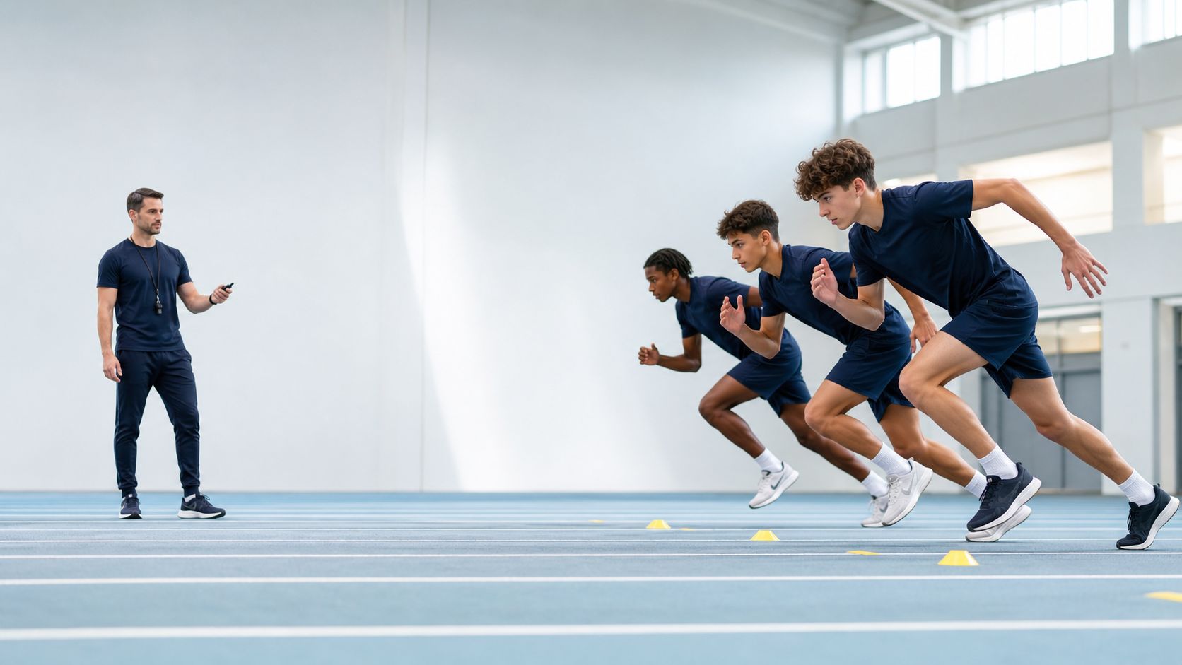 young athletes beginning a coached sprint drill