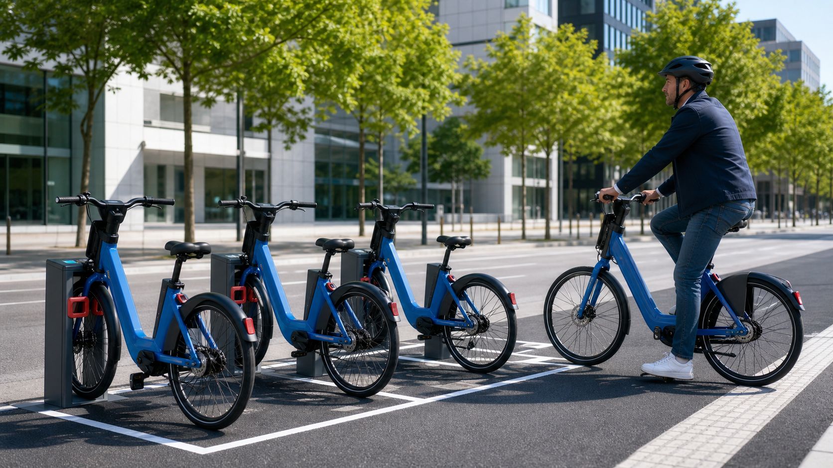 shared electric bicycles at an urban docking area