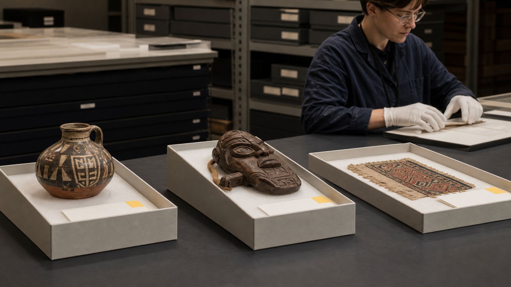 museum objects arranged in conservation trays