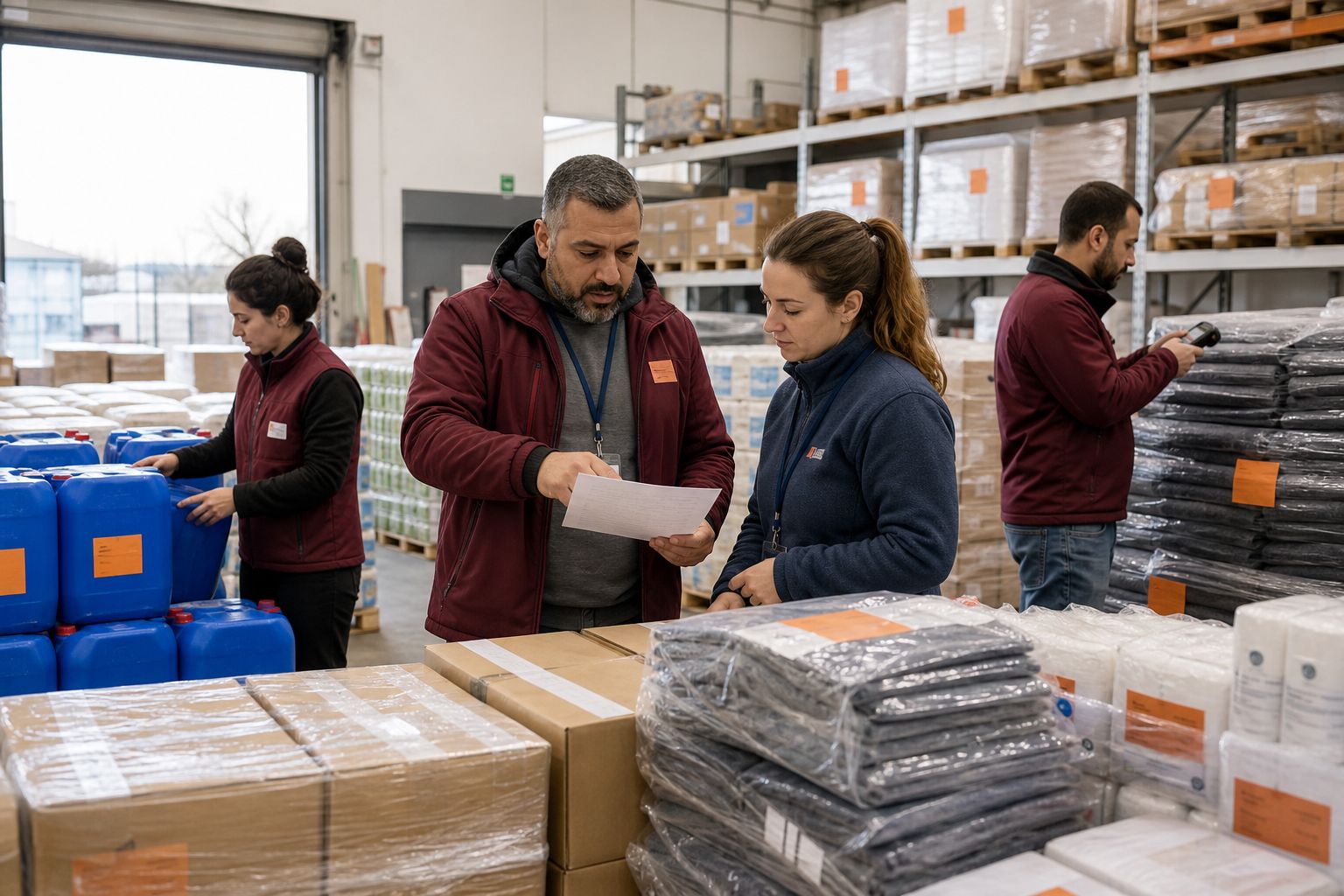 Aid logistics team checking relief supply pallets and a dispatch list in a warehouse
