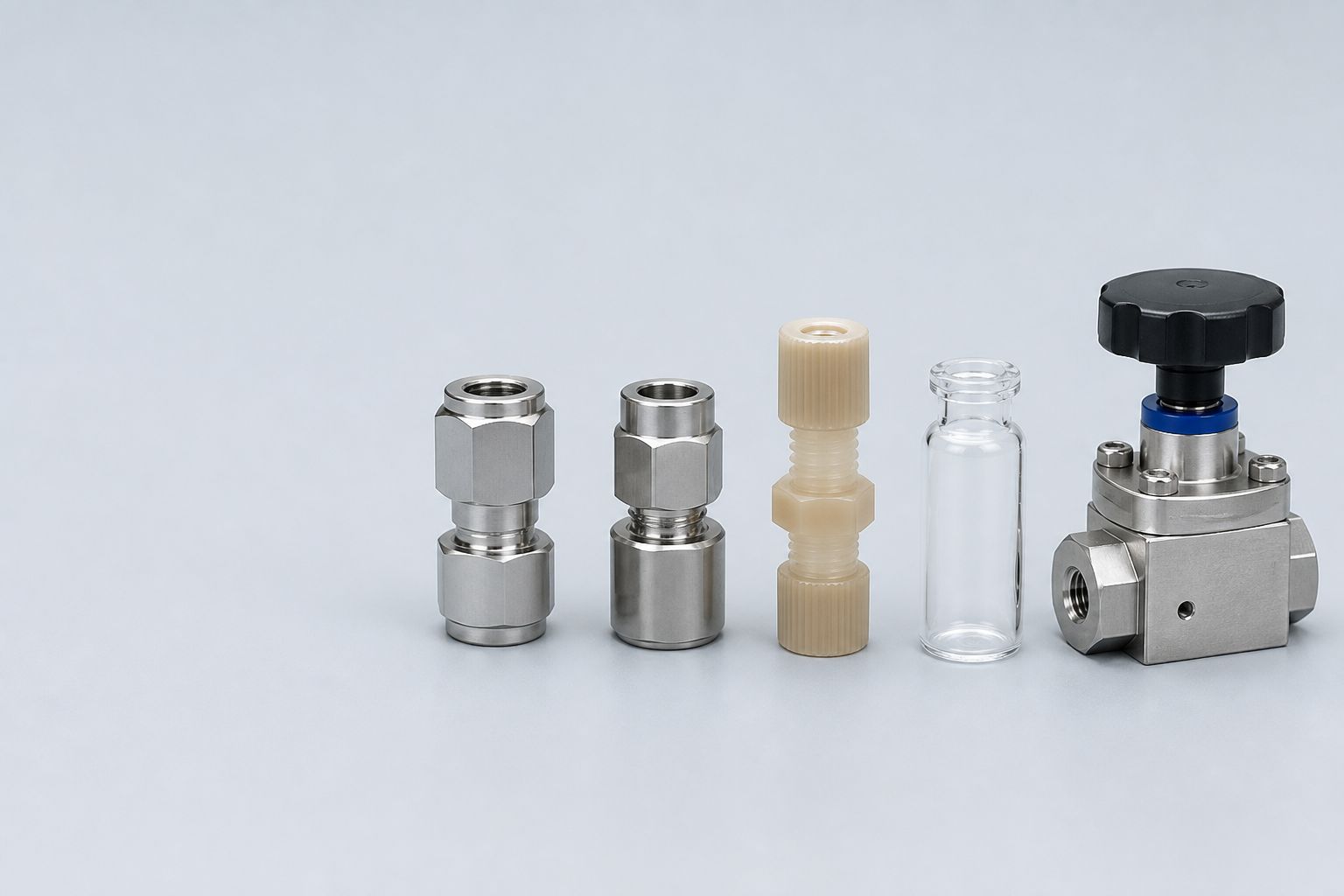 Generic laboratory fittings, vial, polymer connector and diaphragm valve on a technical studio background