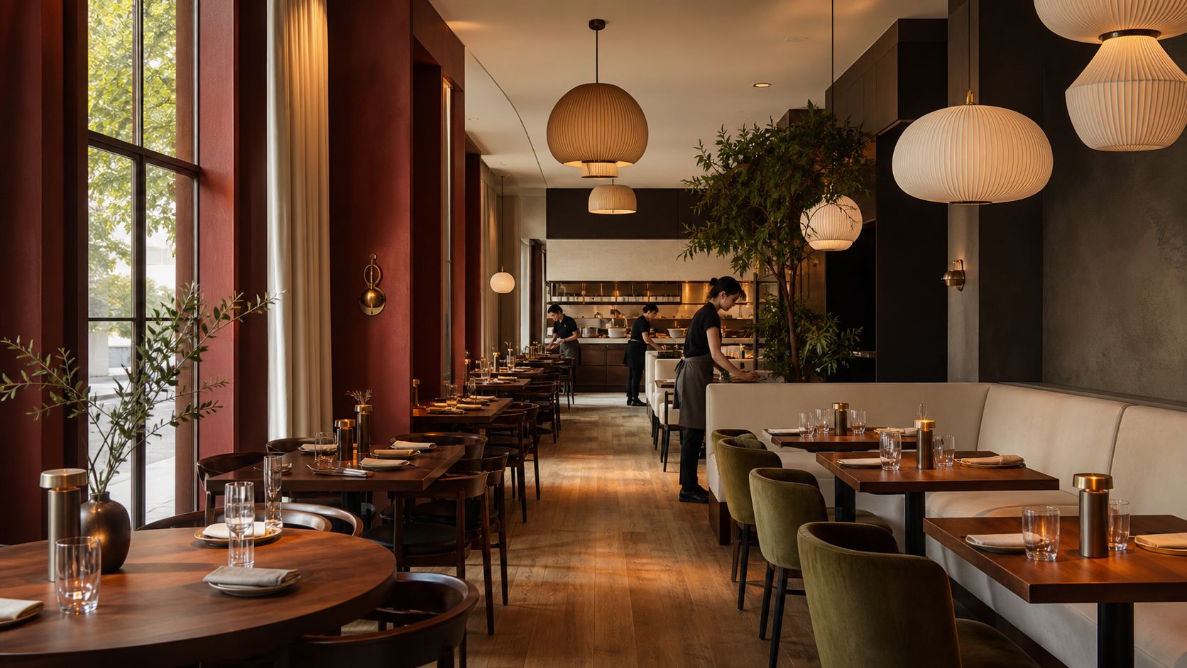 Warm contemporary restaurant dining room prepared for evening service