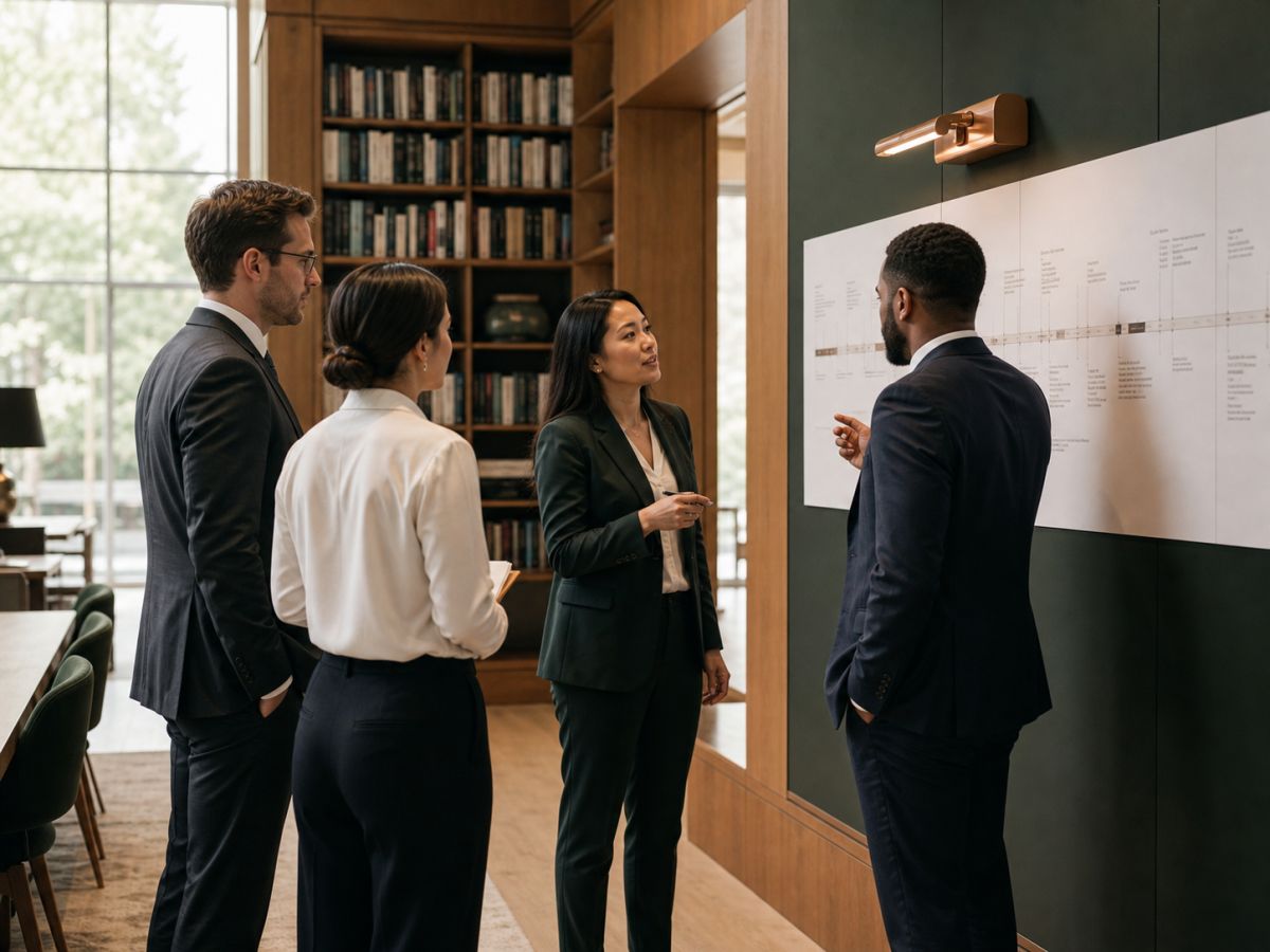 Clarion lawyers reviewing a transaction timeline together