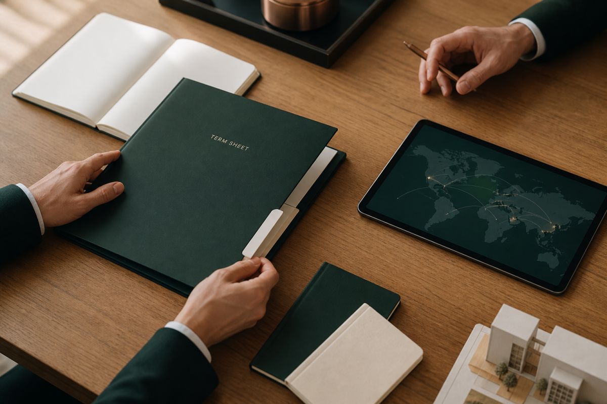 A cross-border transaction term sheet and route plan on a working table