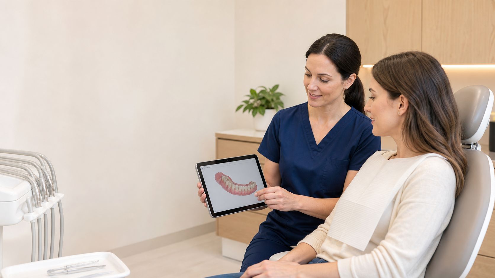 Dentist reviewing a digital oral scan with a patient in a bright consultation room
