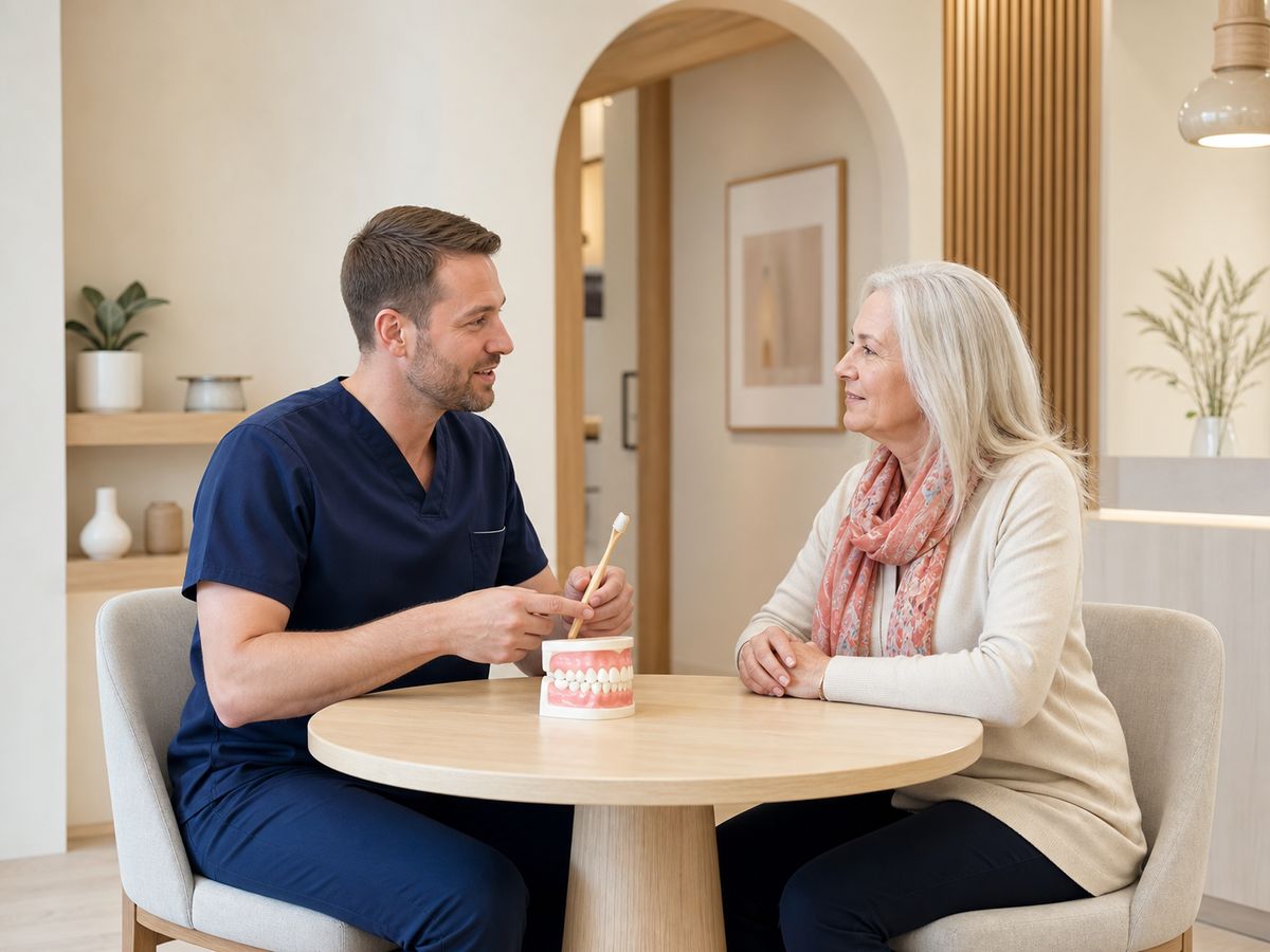 Dental hygienist discussing brushing technique with an older patient